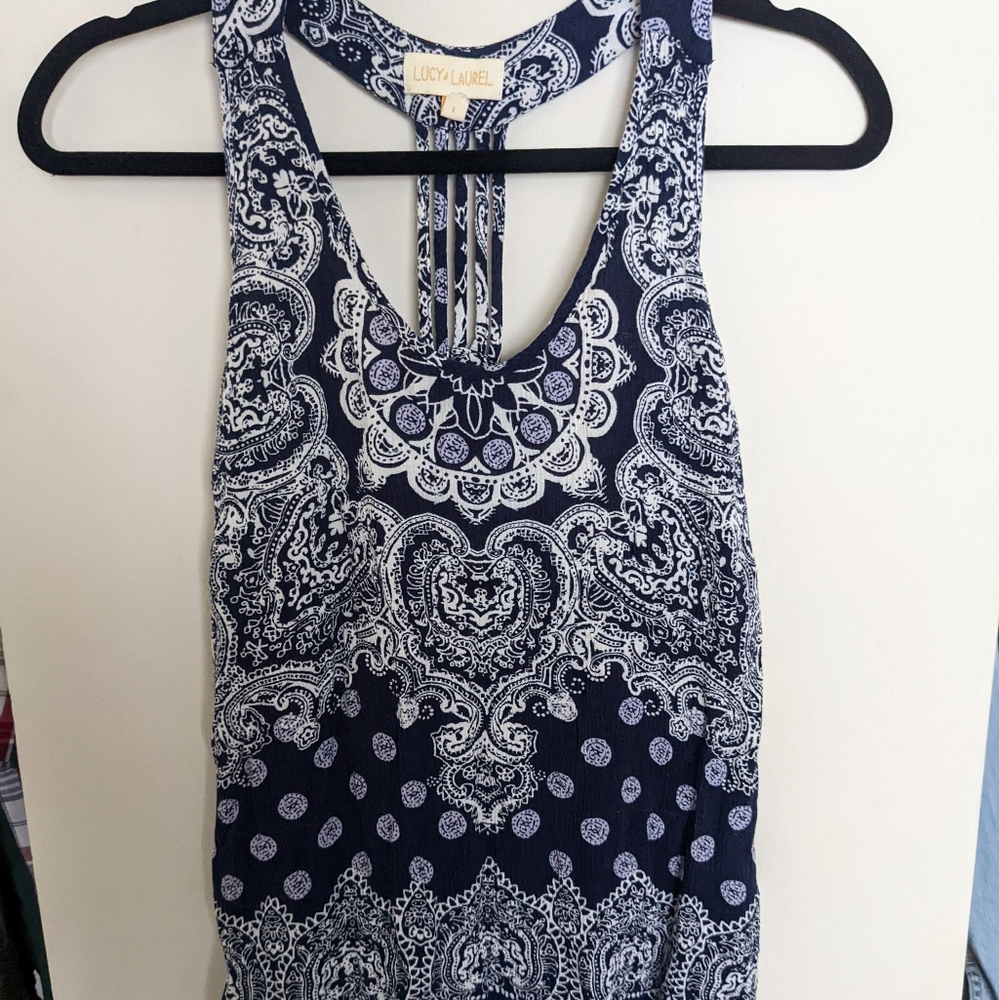 Blue & White Paisley Lucy & Laurel Strappy Open Back Tank Top (L)
